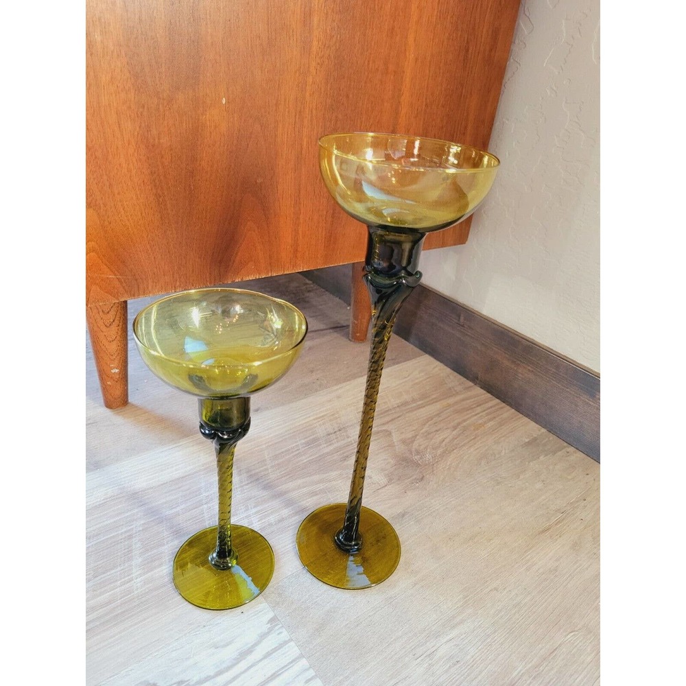 Vintage, German art Avacado Green Glass, Hand Blown, Candle Sticks, Fragile